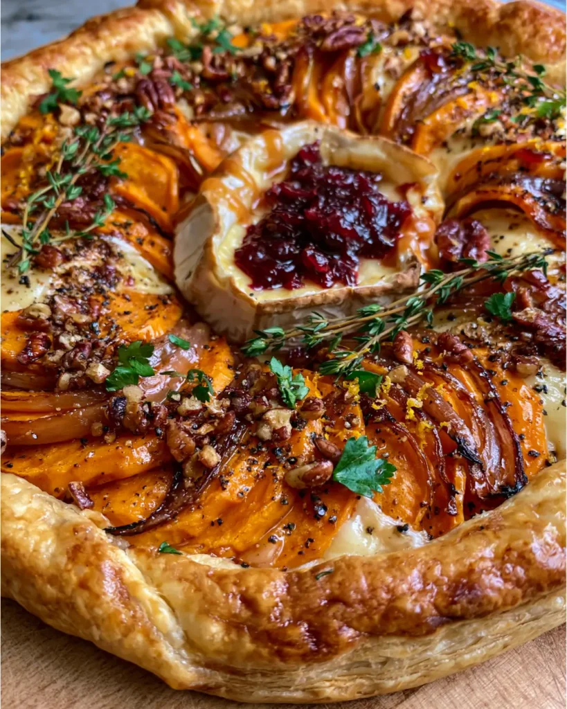Golden Sweet Potato Tart with Brie, Caramelized Onion, Pecans & Cranberry Maple Glaze