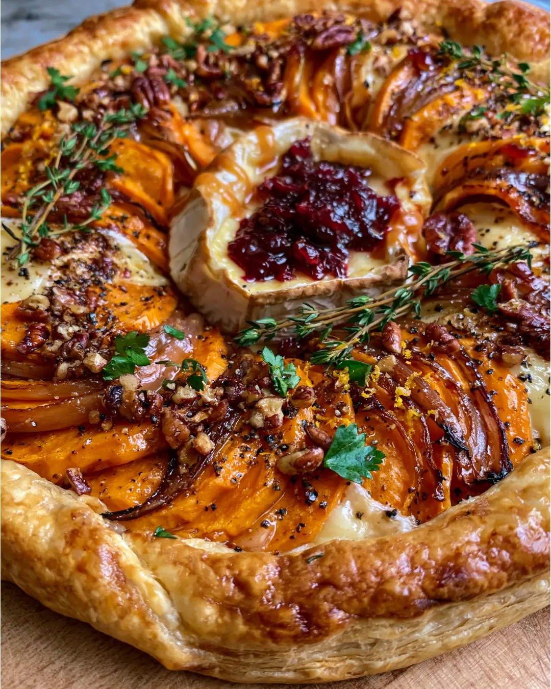 Golden Sweet Potato Tart with Brie, Caramelized Onion, Pecans & Cranberry Maple Glaze