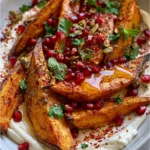 Golden Sweet Potato Wedges with Creamy Feta, Hot Honey & Pomegranate Seeds