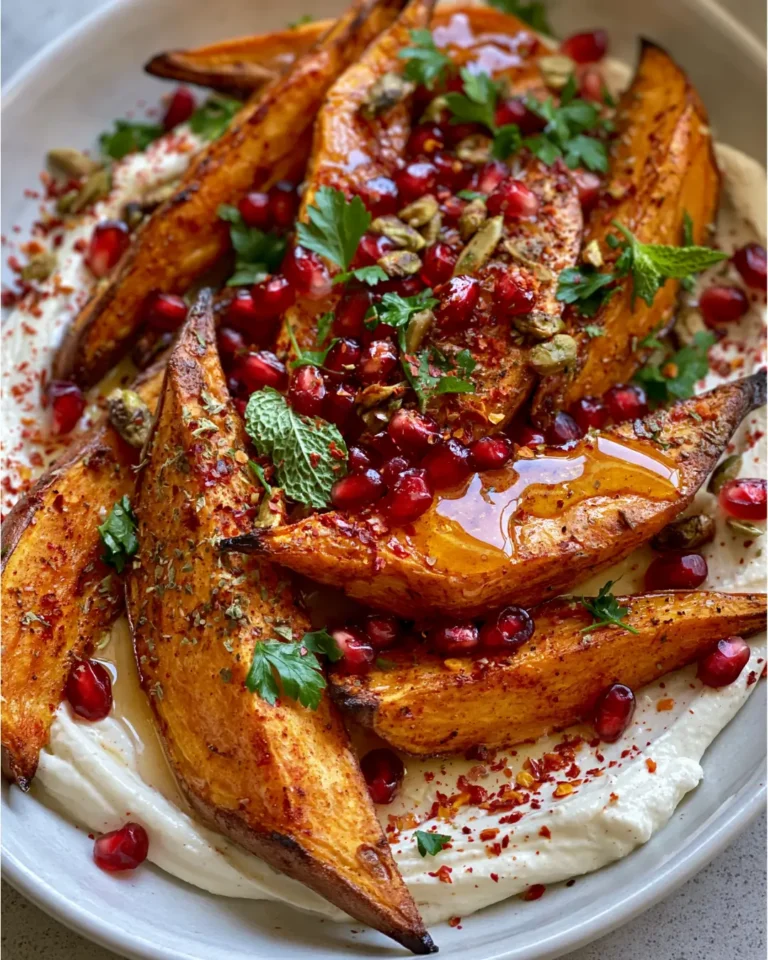 Golden Sweet Potato Wedges with Creamy Feta, Hot Honey & Pomegranate Seeds