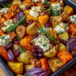 Golden Winter Vegetables with Whipped Feta, Toasted Walnuts, Cranberries & Maple Balsamic Glaze