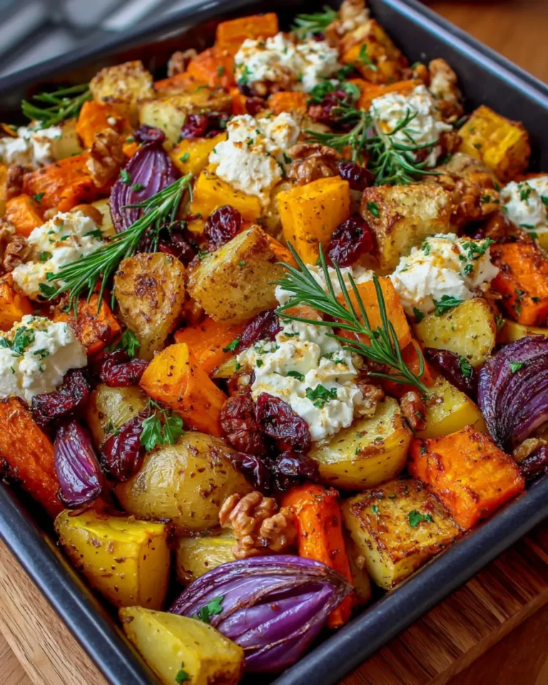 Golden Winter Vegetables with Whipped Feta, Toasted Walnuts, Cranberries & Maple Balsamic Glaze