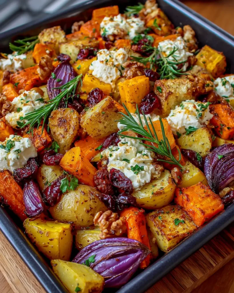 Golden Winter Vegetables with Whipped Feta, Toasted Walnuts, Cranberries & Maple Balsamic Glaze