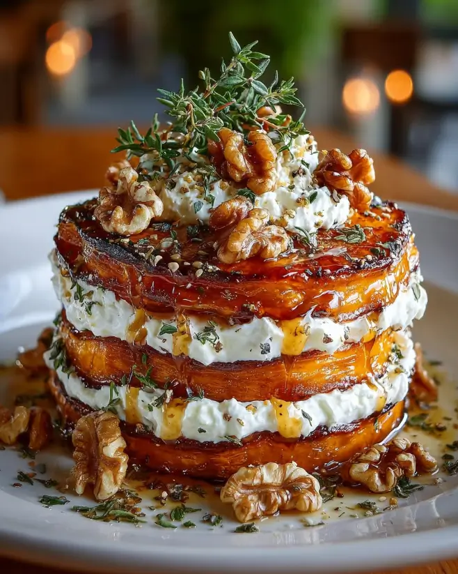 Gourmet Sweet Potato Stack with Feta Cream & Caramelized Walnut Glaze