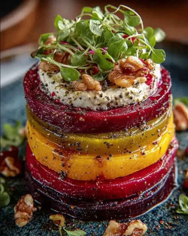 Healthy Beetroot Stack with Creamy Goat Cheese & Walnut Crunch