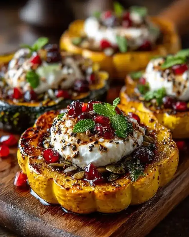 Honey-Glazed Acorn Squash with Burrata & Cranberry Drizzle
