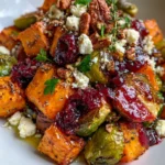 Honey-Roasted Pumpkin, Sweet Potato & Brussels Sprouts with Feta, Pecans & Cranberry Glaze