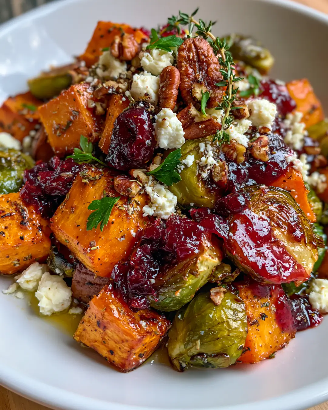 Honey-Roasted Pumpkin, Sweet Potato & Brussels Sprouts with Feta, Pecans & Cranberry Glaze