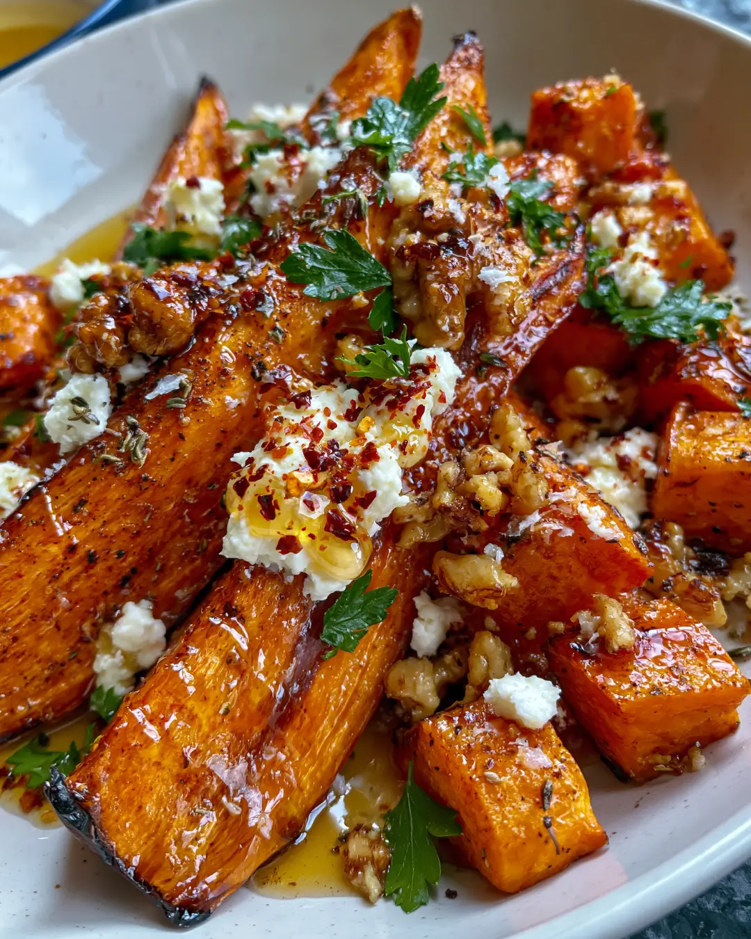 Honey-Roasted Sweet Potato with Feta, Chilli Flakes & Crunchy Walnuts