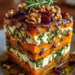 Layered Sweet Potato, Butternut Squash & Carrot Lasagna with Feta, Walnuts & Cranberry-Honey Glaze