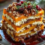 Layered Sweet Potato, Butternut Squash & Carrot Lasagna with Feta, Walnuts & Cranberry-Honey Glaze
