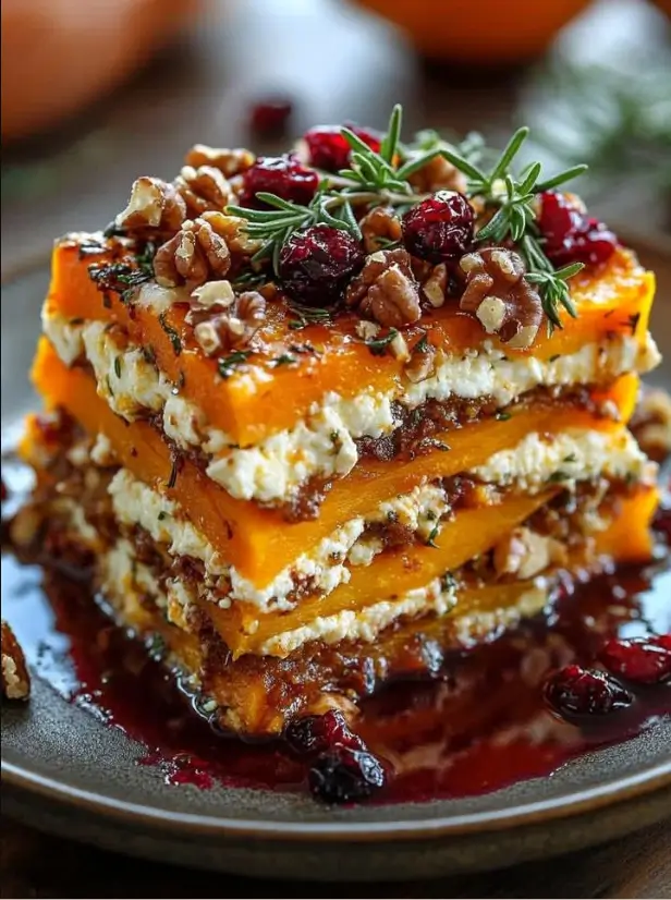 Layered Sweet Potato, Butternut Squash & Carrot Lasagna with Feta, Walnuts & Cranberry-Honey Glaze