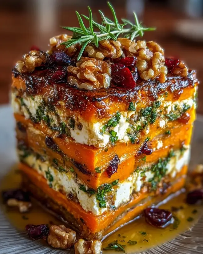 Layered Sweet Potato, Butternut Squash & Carrot Lasagna with Feta, Walnuts & Cranberry-Honey Glaze