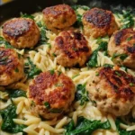 Lemony Chicken Ricotta Meatballs Over Garlic Spinach Orzo