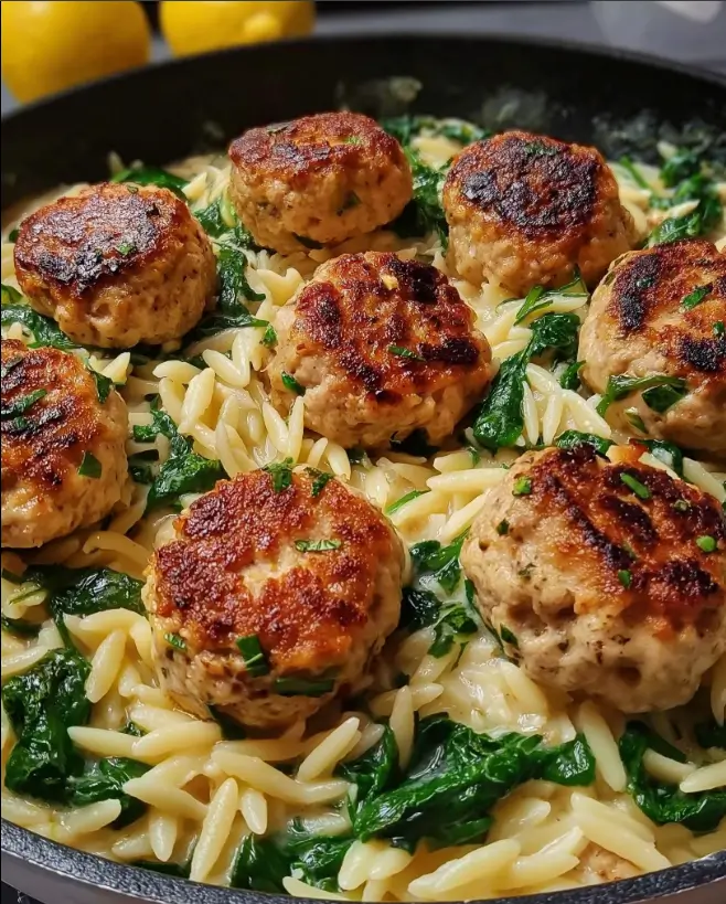 Lemony Chicken Ricotta Meatballs Over Garlic Spinach Orzo