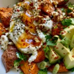 Loaded Crispy Sweet Potatoes with Whipped Feta, Avocado & Hot Honey Walnuts