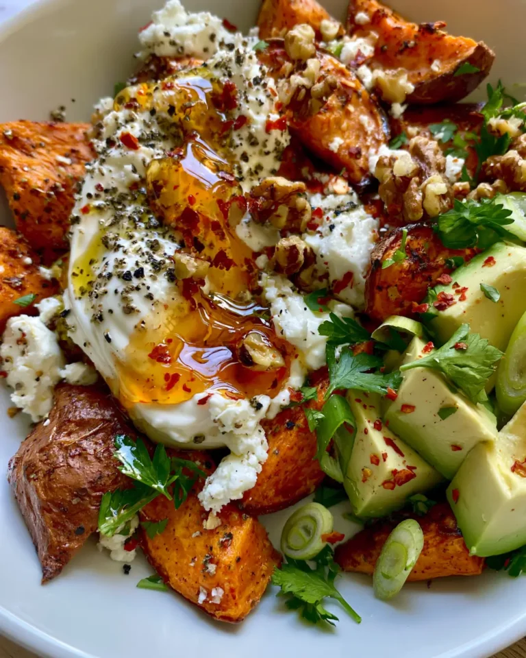Loaded Crispy Sweet Potatoes with Whipped Feta, Avocado & Hot Honey Walnuts