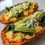 Loaded Sweet Potato Breakfast Boats with Scrambled Eggs, Spinach, Avocado & Feta
