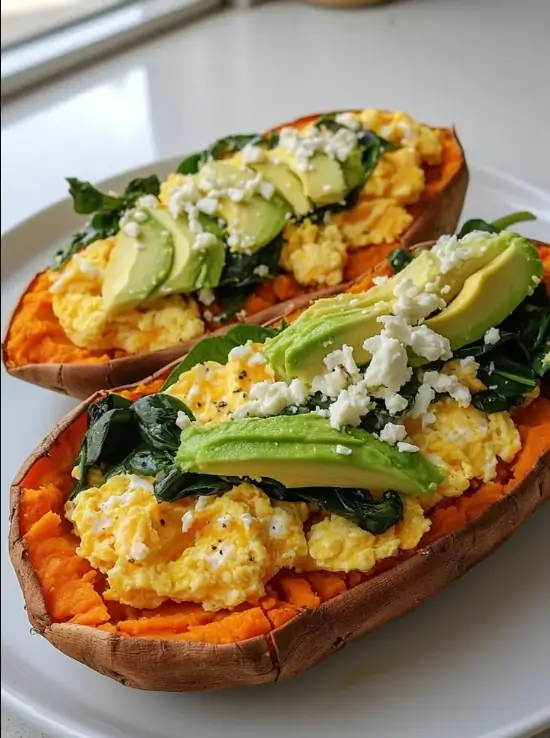 Loaded Sweet Potato Breakfast Boats with Scrambled Eggs, Spinach, Avocado & Feta