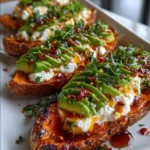 Loaded Sweet Potato Skins with Whipped Feta, Avocado & Chili Honey
