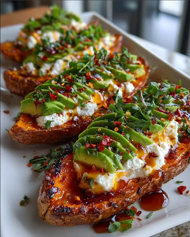 Loaded Sweet Potato Skins with Whipped Feta, Avocado & Chili Honey