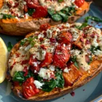 Loaded Sweet Potatoes with Spinach, Feta, Roasted Capsicum & Creamy Lemon Tahini