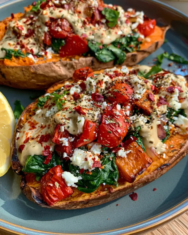 Loaded Sweet Potatoes with Spinach, Feta, Roasted Capsicum & Creamy Lemon Tahini