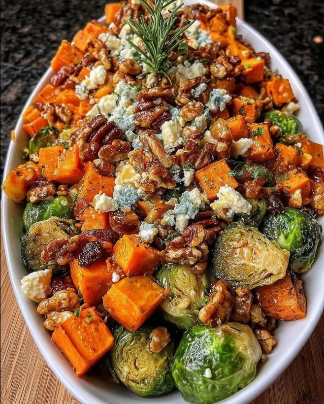 Maple-Caramelized Sweet Potato, Brussels Sprouts & Carrots with Feta and Candied Walnuts
