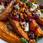 Maple-Roasted Sweet Potato with Creamy Feta, Candied Walnuts & Cranberry Glaze