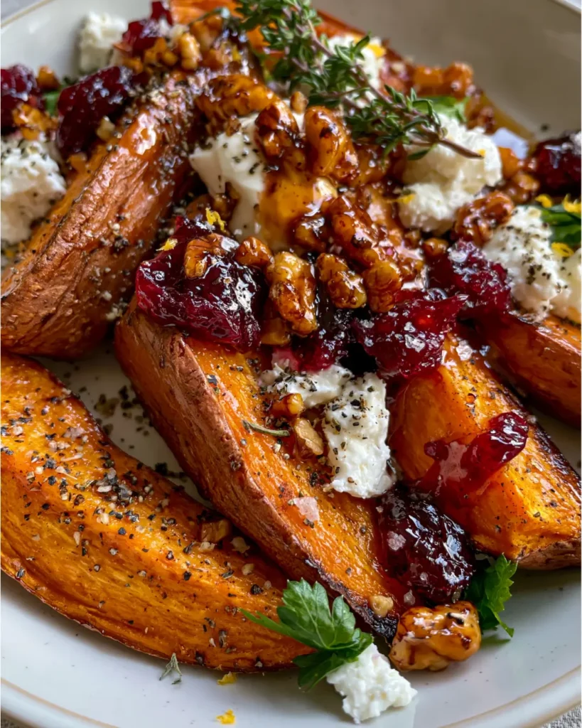 Maple-Roasted Sweet Potato with Creamy Feta, Candied Walnuts & Cranberry Glaze