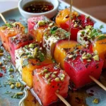 Peach, Watermelon & Feta Cubes with Hot Honey-Mint Drizzle