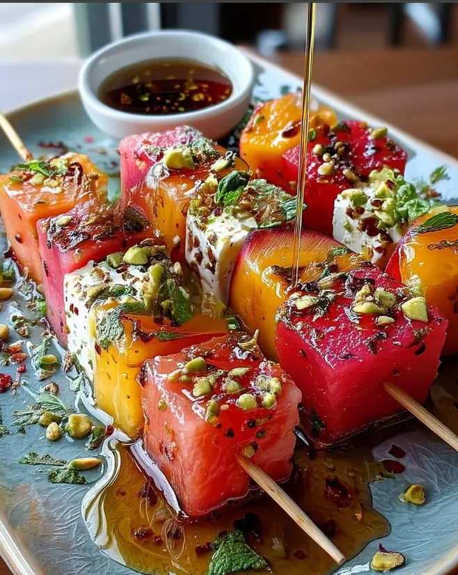 Peach, Watermelon & Feta Cubes with Hot Honey-Mint Drizzle