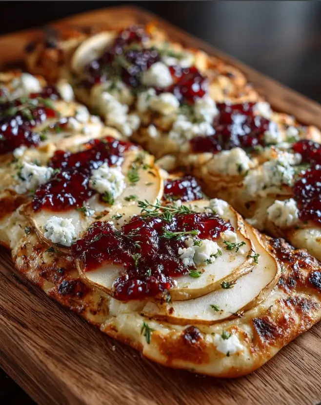 Pear, Apple & Brie Flatbread with Cranberry Jelly and Feta Crumble