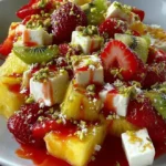 Pineapple, Strawberry, Kiwi & Feta Cubes with Hot Honey-Lime Drizzle