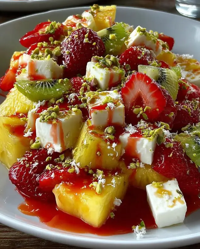 Pineapple, Strawberry, Kiwi & Feta Cubes with Hot Honey-Lime Drizzle