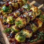 Pistachio-Crusted Brussels Sprout Skewers with Cranberry Drizzle