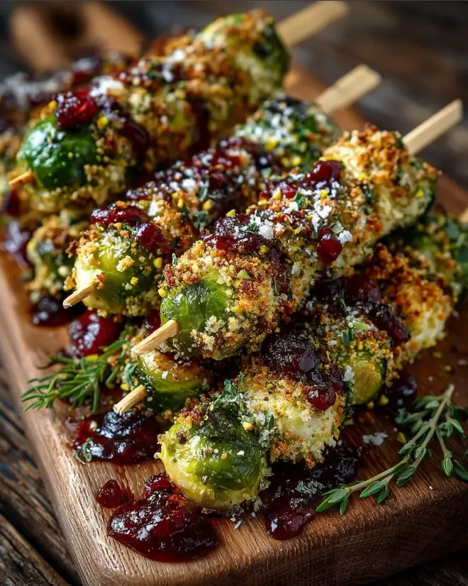 Pistachio-Crusted Brussels Sprout Skewers with Cranberry Drizzle
