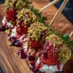 Pistachio-Crusted Strawberry Skewers with Whipped Feta & Cranberry Drizzle