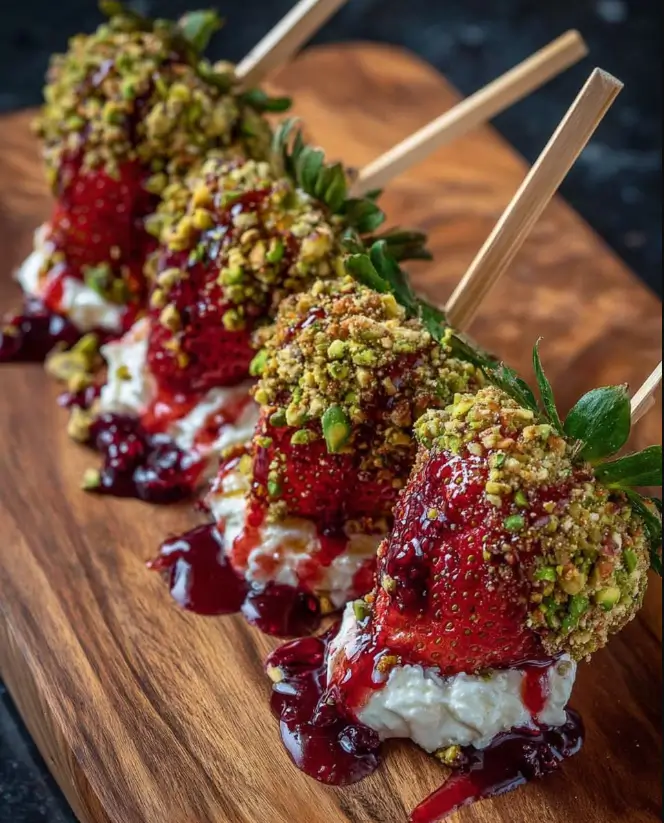 Pistachio-Crusted Strawberry Skewers with Whipped Feta & Cranberry Drizzle