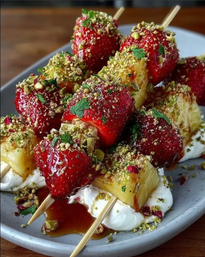 Pistachio-Crusted Strawberry & Pineapple Skewers with Whipped Feta & Hot Honey