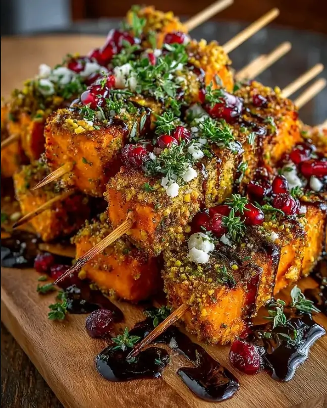 Pistachio-Crusted Sweet Potato Skewers with Cranberry Drizzle