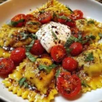 Ravioli with Blistered Cherry Tomatoes, Burrata, Basil & Garlic Butter