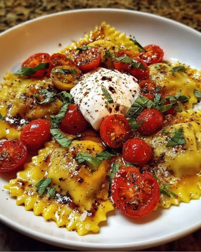 Ravioli with Blistered Cherry Tomatoes, Burrata, Basil & Garlic Butter