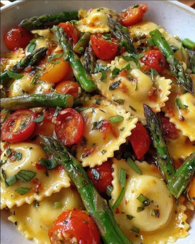 Ravioli with Tomatoes, Asparagus, Garlic & Herbs