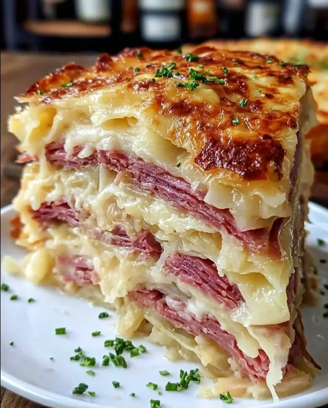 Reuben Bake with Layers of Corned Beef, Sauerkraut & Swiss Cheese