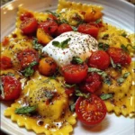 Ricotta and Lemon Zest Ravioli with Burst Tomatoes and Burrata