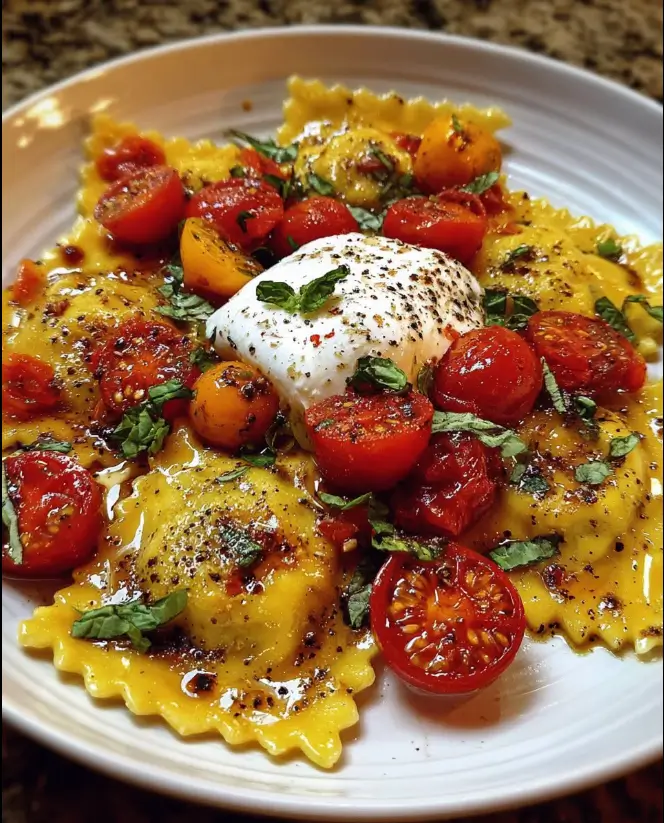 Ricotta and Lemon Zest Ravioli with Burst Tomatoes and Burrata