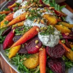Roasted Beet and Carrot Salad with Feta & Garlic Yogurt Sauce