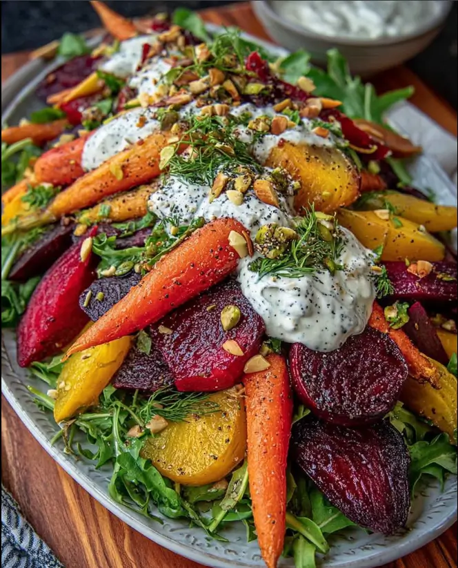 Roasted Beet and Carrot Salad with Feta & Garlic Yogurt Sauce