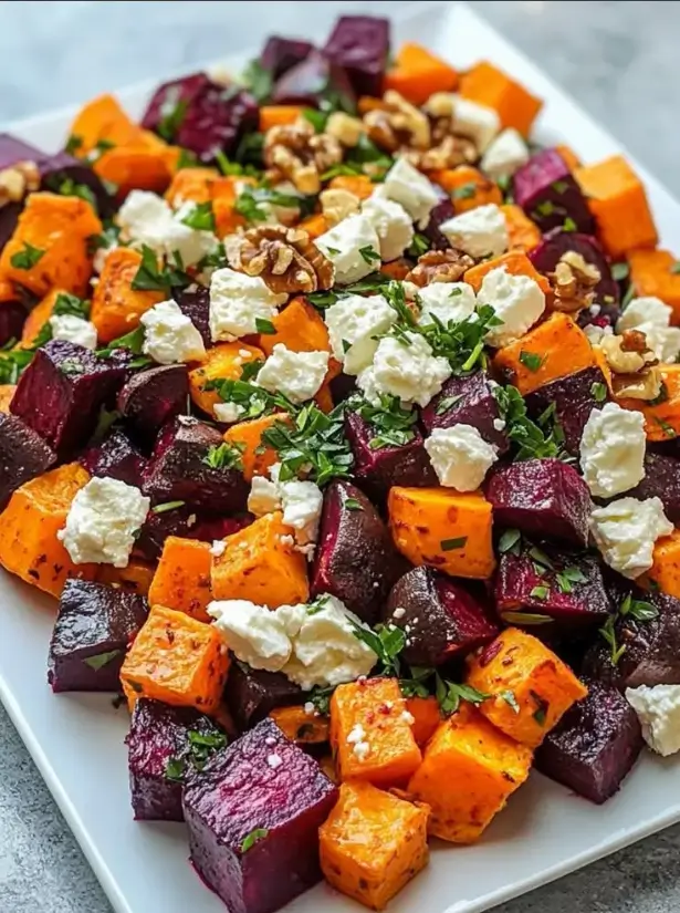 Roasted Beetroot & Sweet Potato Salad with Feta, Walnuts & Fresh Herbs